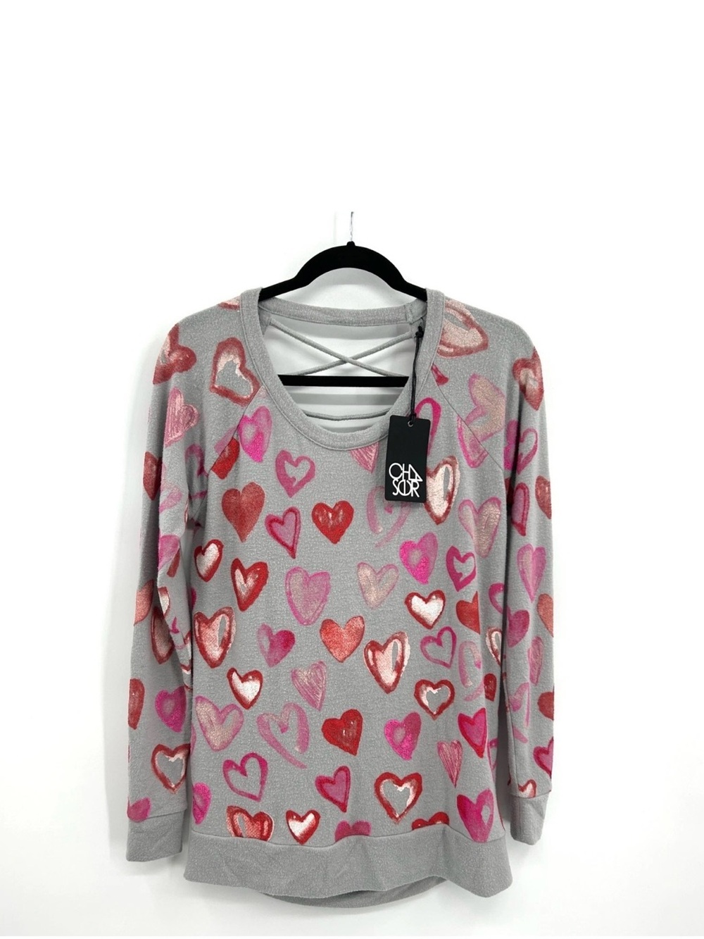 Chaser Gray Sweater with Pink & Red Heart Print